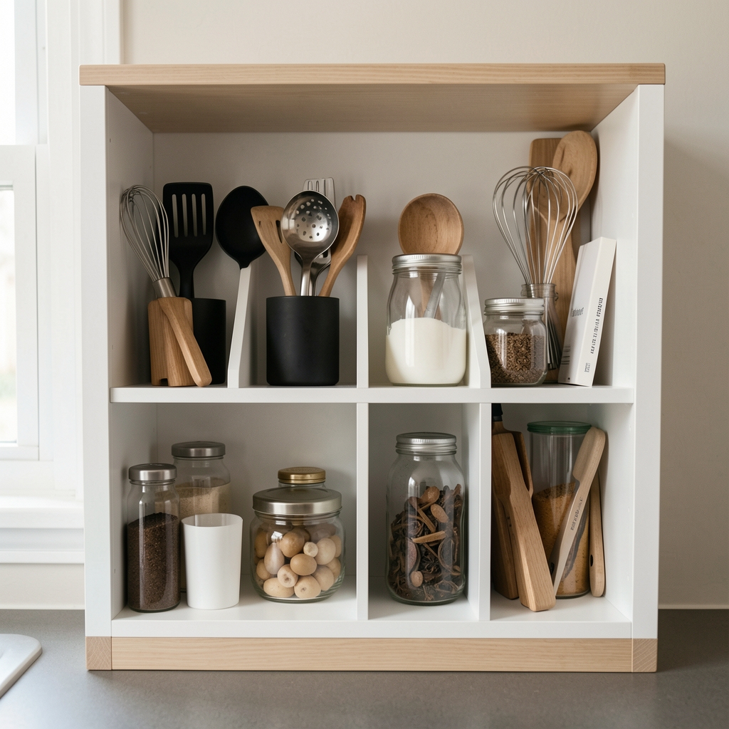 Cajón de cocina con divisores blancos y utensilios ordenados por frecuencia de uso