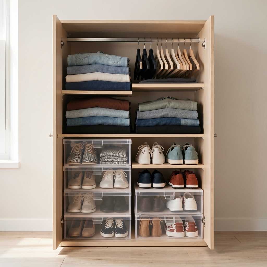 Placard compacto con prendas dobladas, perchas y cajas de zapatos transparentes
