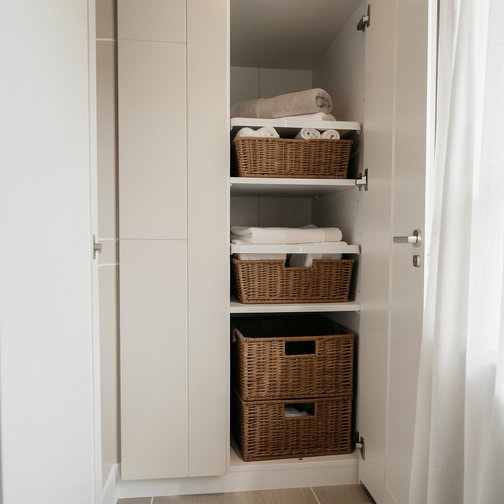 Baño compacto con bandejas y canastos organizadores junto a toallas dobladas