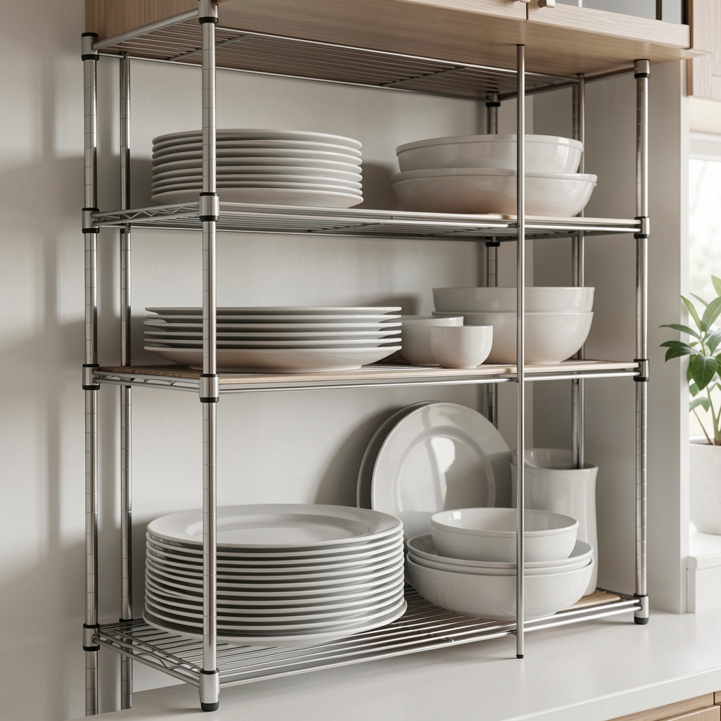 Estante de cocina con separadores metálicos organizando platos y fuentes por tamaño
