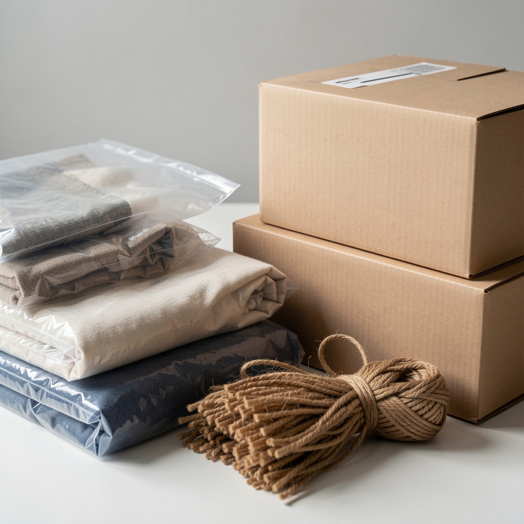 Muestras de tela, plástico y fibra natural junto a cajas de almacenamiento neutras