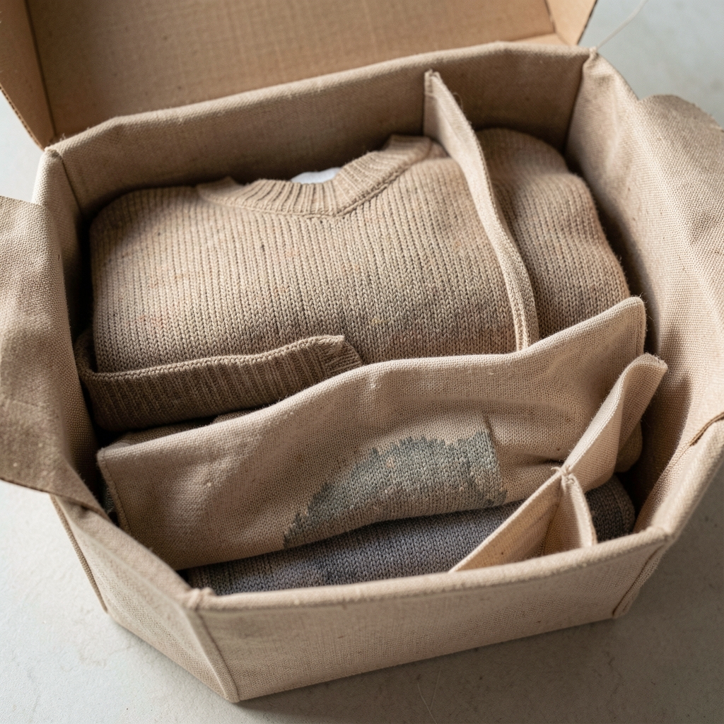 Interior de una caja textil con sweaters doblados y separadores de tela sin personas
