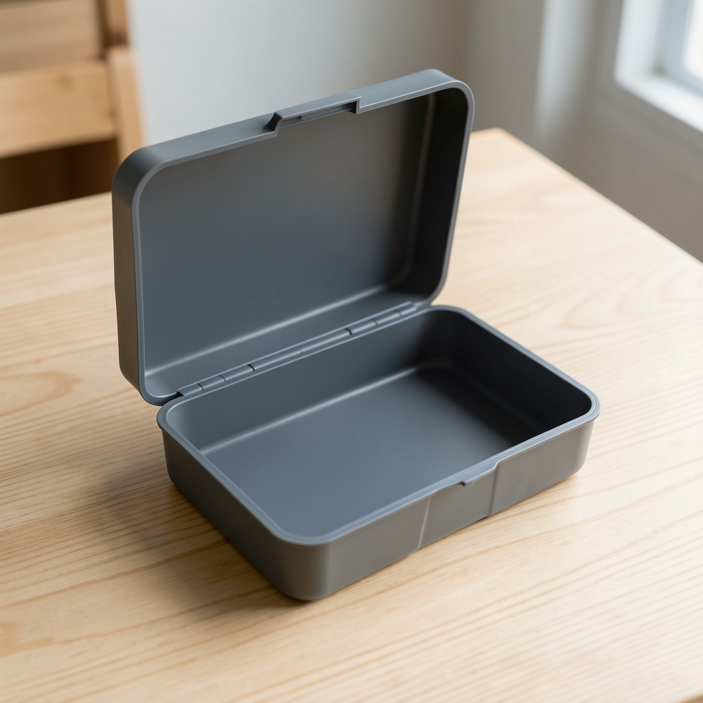 Caja plegable de plástico grafito abierta sobre una mesa de madera clara