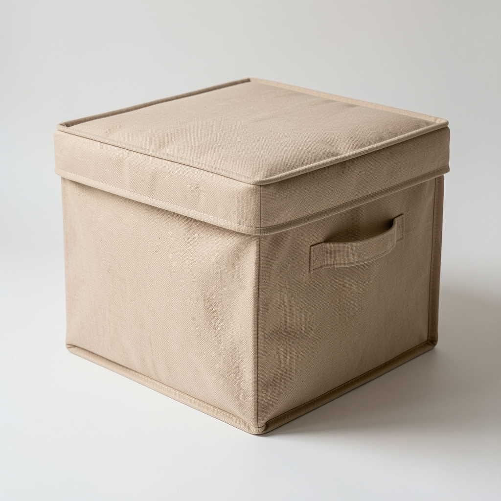 Caja grande de tela beige con tapa cerrada para guardar mantas