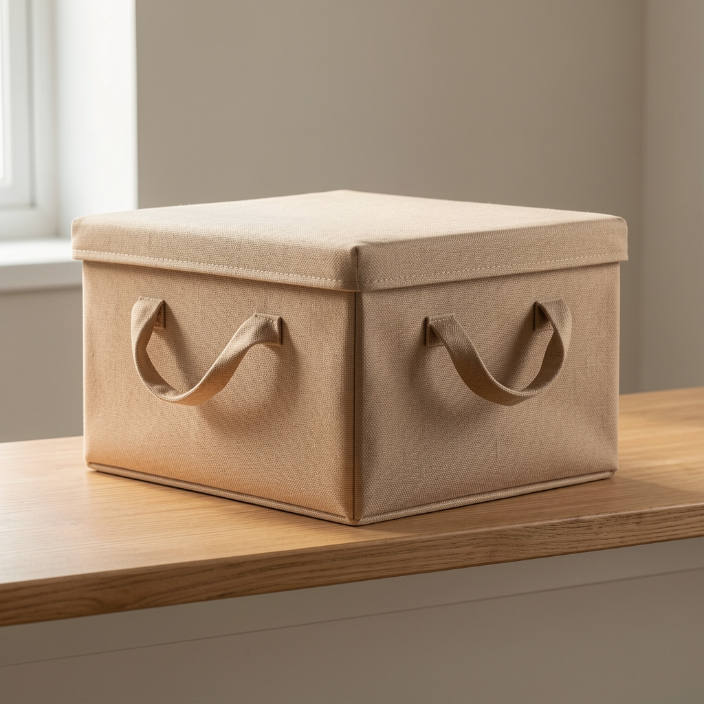Caja organizadora de tela color arena con tapa y asas sobre una repisa