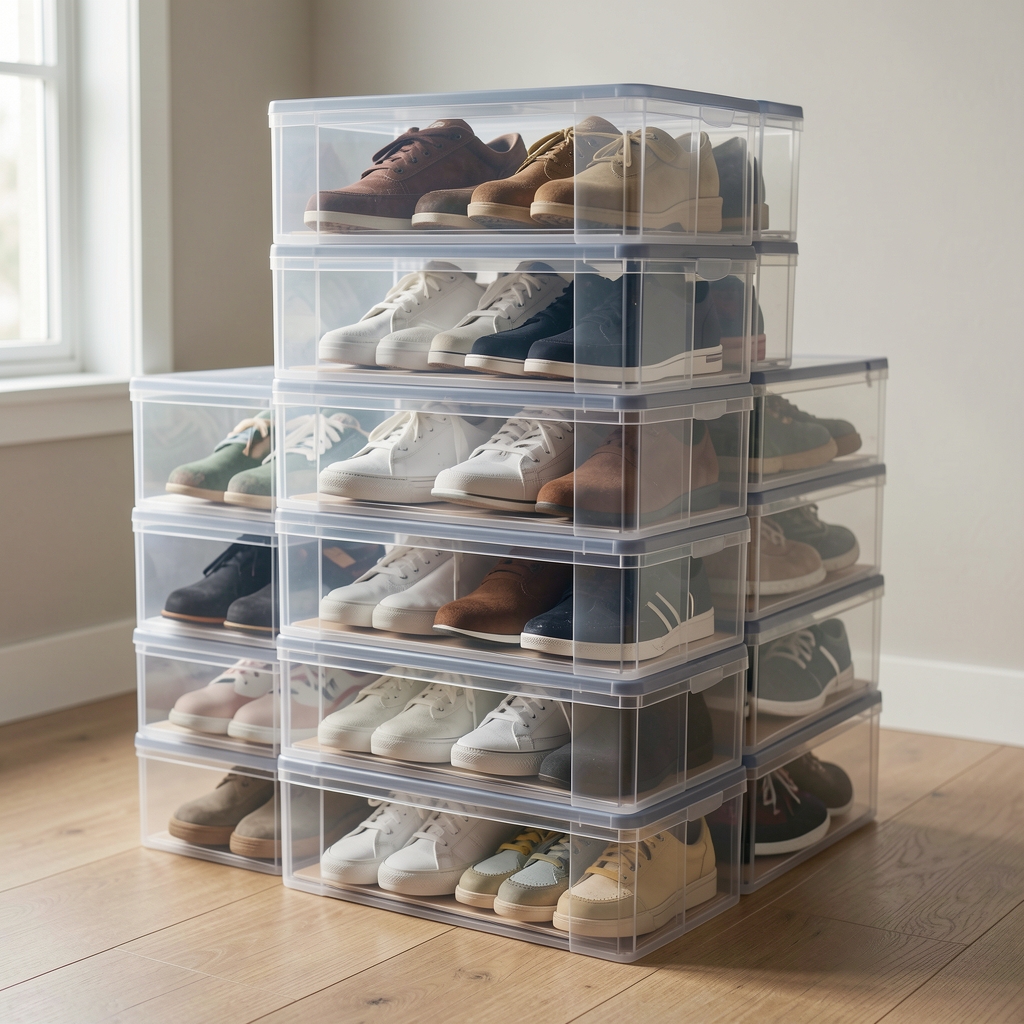 Cajas transparentes para zapatos apiladas mostrando calzado cuidadosamente guardado