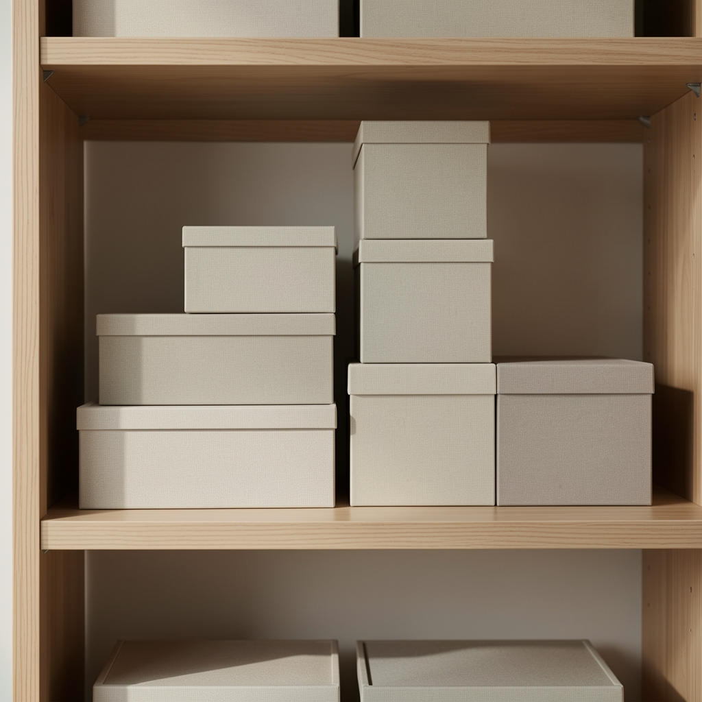 Cajas organizadoras de distintos tamaños en tonos neutros sobre una estantería