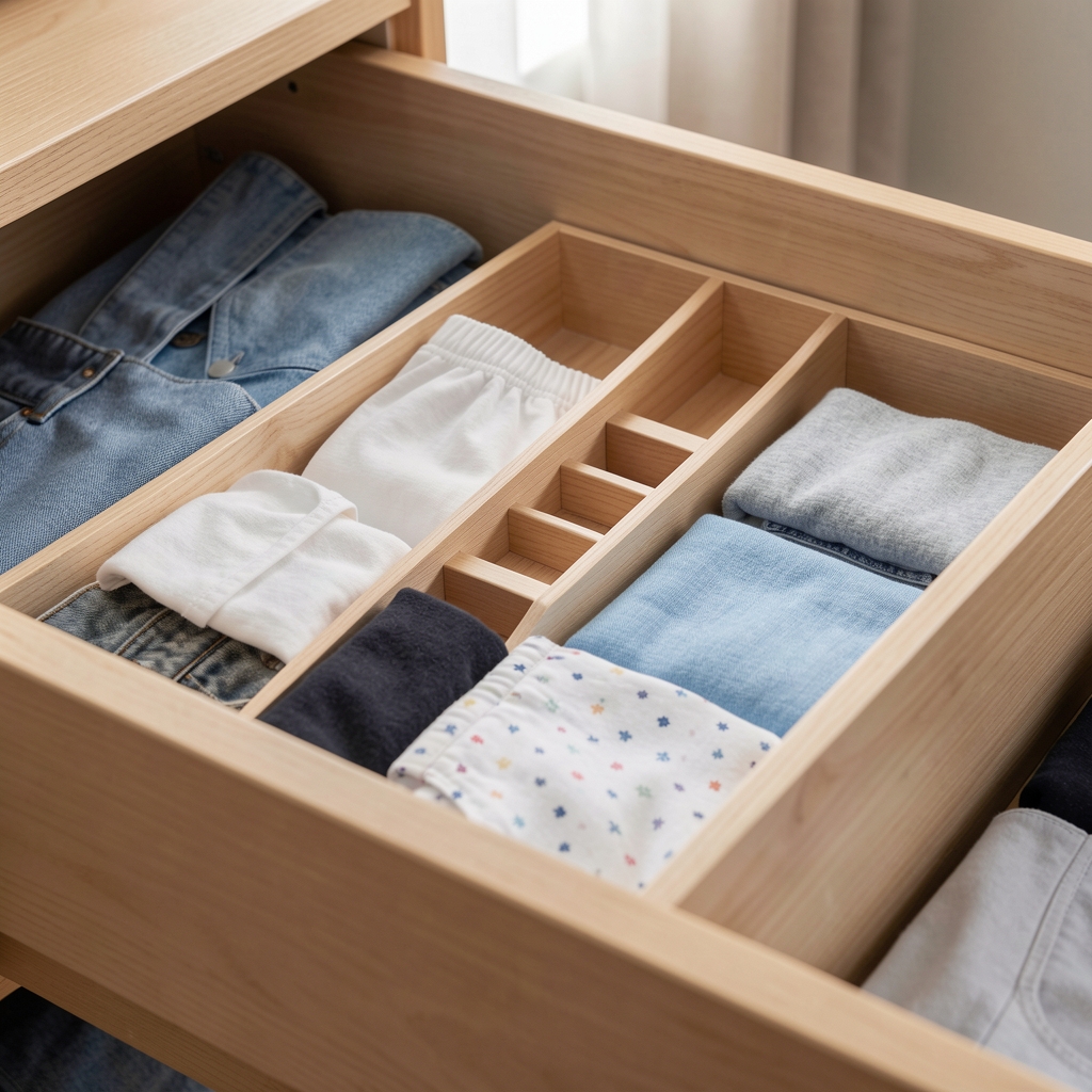 Divisores ajustables de madera clara dentro de un cajón de placard separando ropa interior