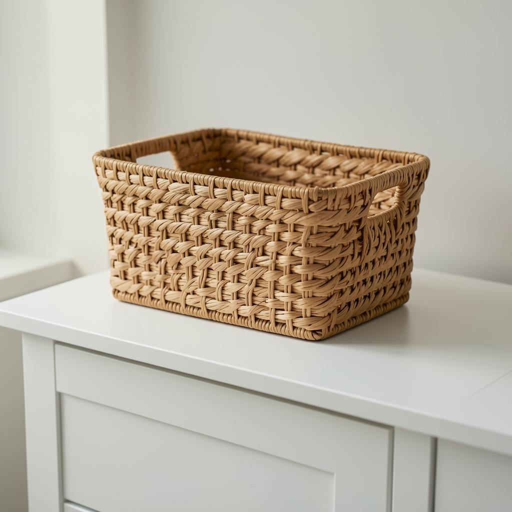 Canasto rectangular de fibra natural con asas cortas sobre un mueble blanco