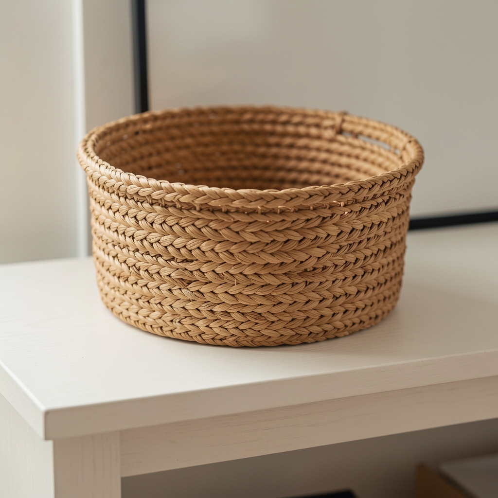 Canasto mediano de fibra natural con textura trenzada sobre una consola clara