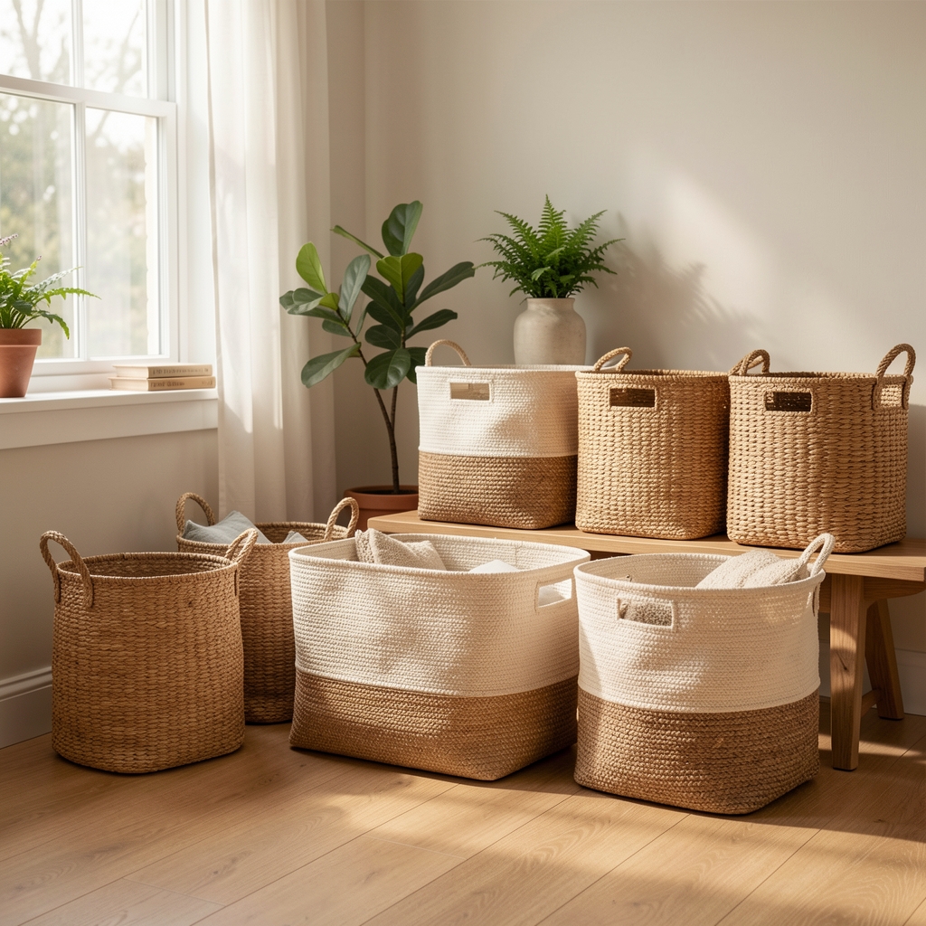 Colección de canastos de almacenamiento de tela y fibra natural en un ambiente luminoso