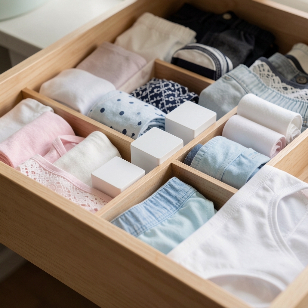 Divisores modulares blancos instalados en un cajón con ropa interior ordenada