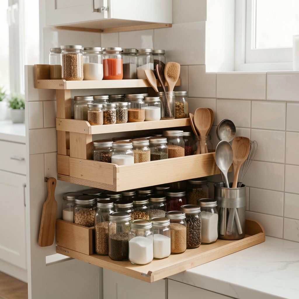 Alacena de cocina con organizadores escalonados para frascos y utensilios