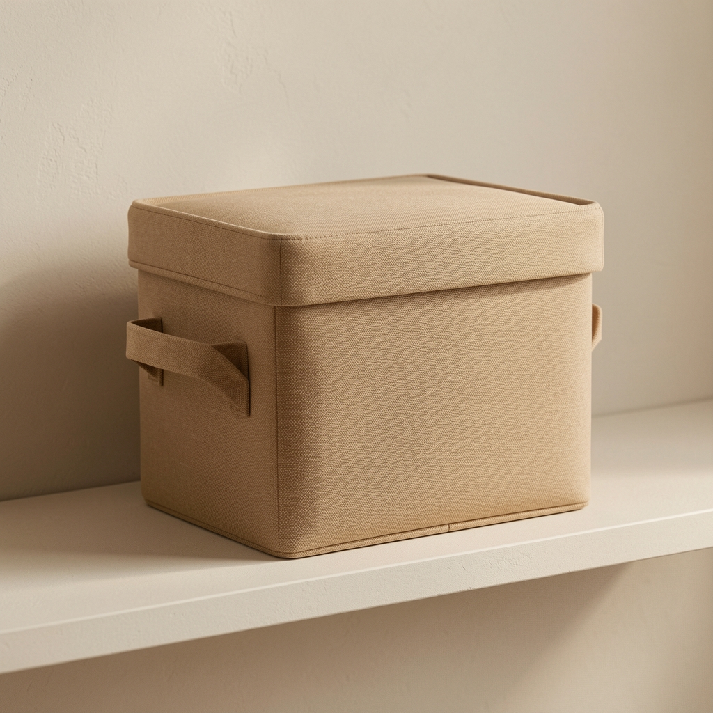 Caja textil color arena con tapa estructurada y asas laterales sobre una repisa neutra