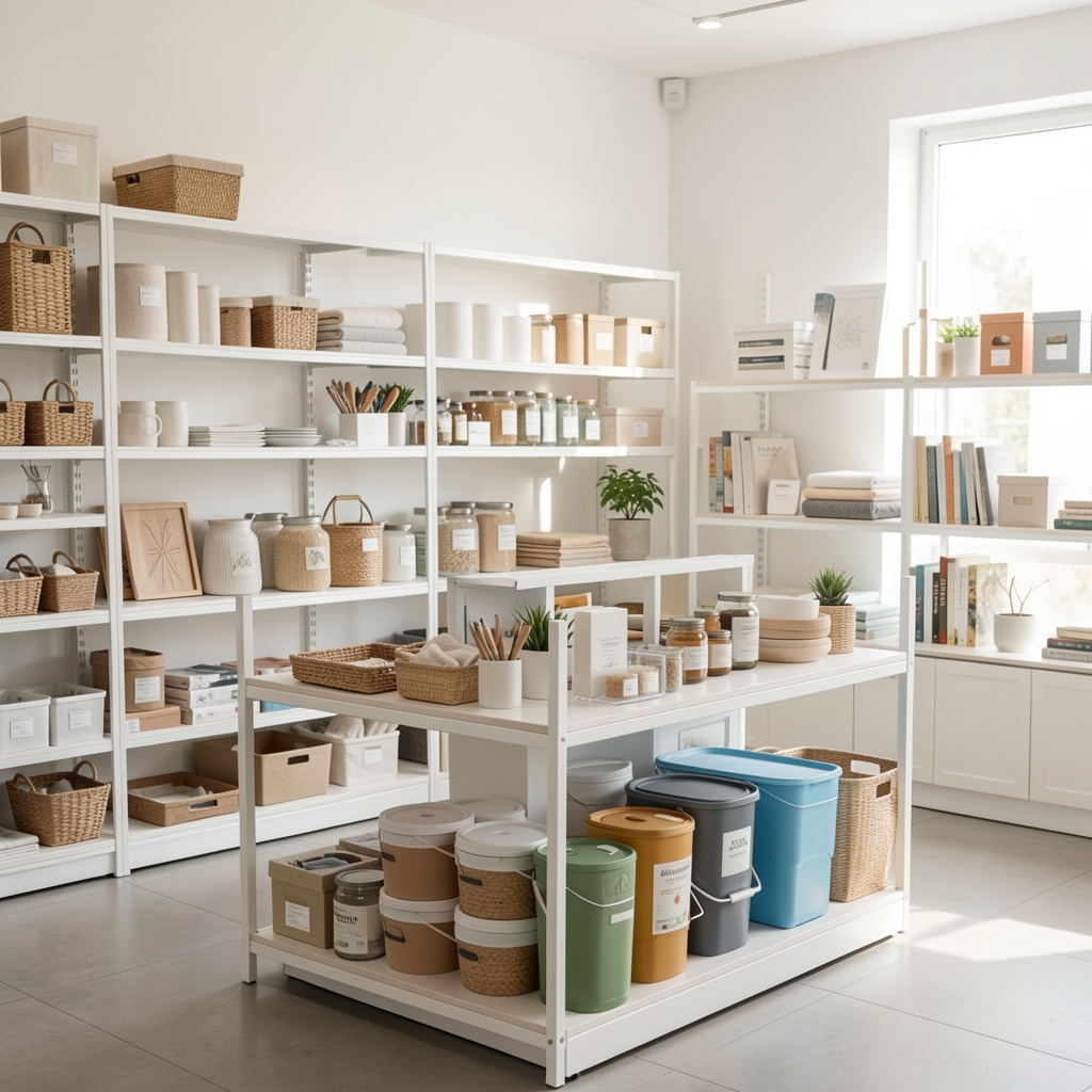 Selección de productos de organización del hogar en una exhibición limpia y luminosa sin personas